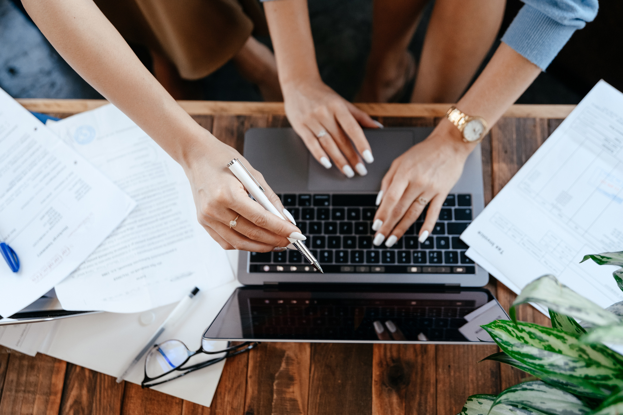 Crop female coworkers surfing netbook in office