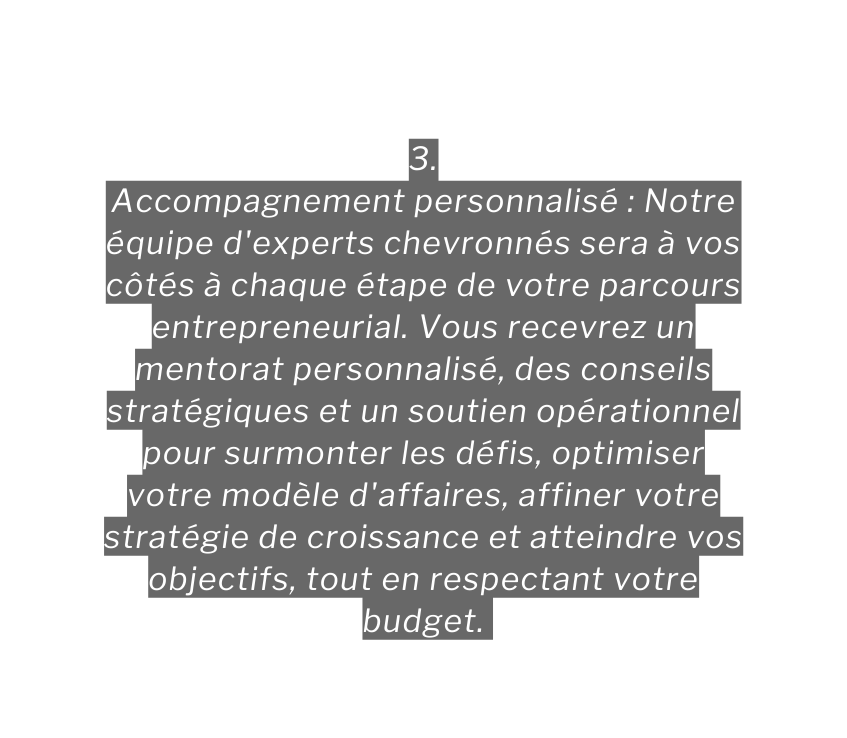 3 Accompagnement personnalisé Notre équipe d experts chevronnés sera à vos côtés à chaque étape de votre parcours entrepreneurial Vous recevrez un mentorat personnalisé des conseils stratégiques et un soutien opérationnel pour surmonter les défis optimiser votre modèle d affaires affiner votre stratégie de croissance et atteindre vos objectifs tout en respectant votre budget